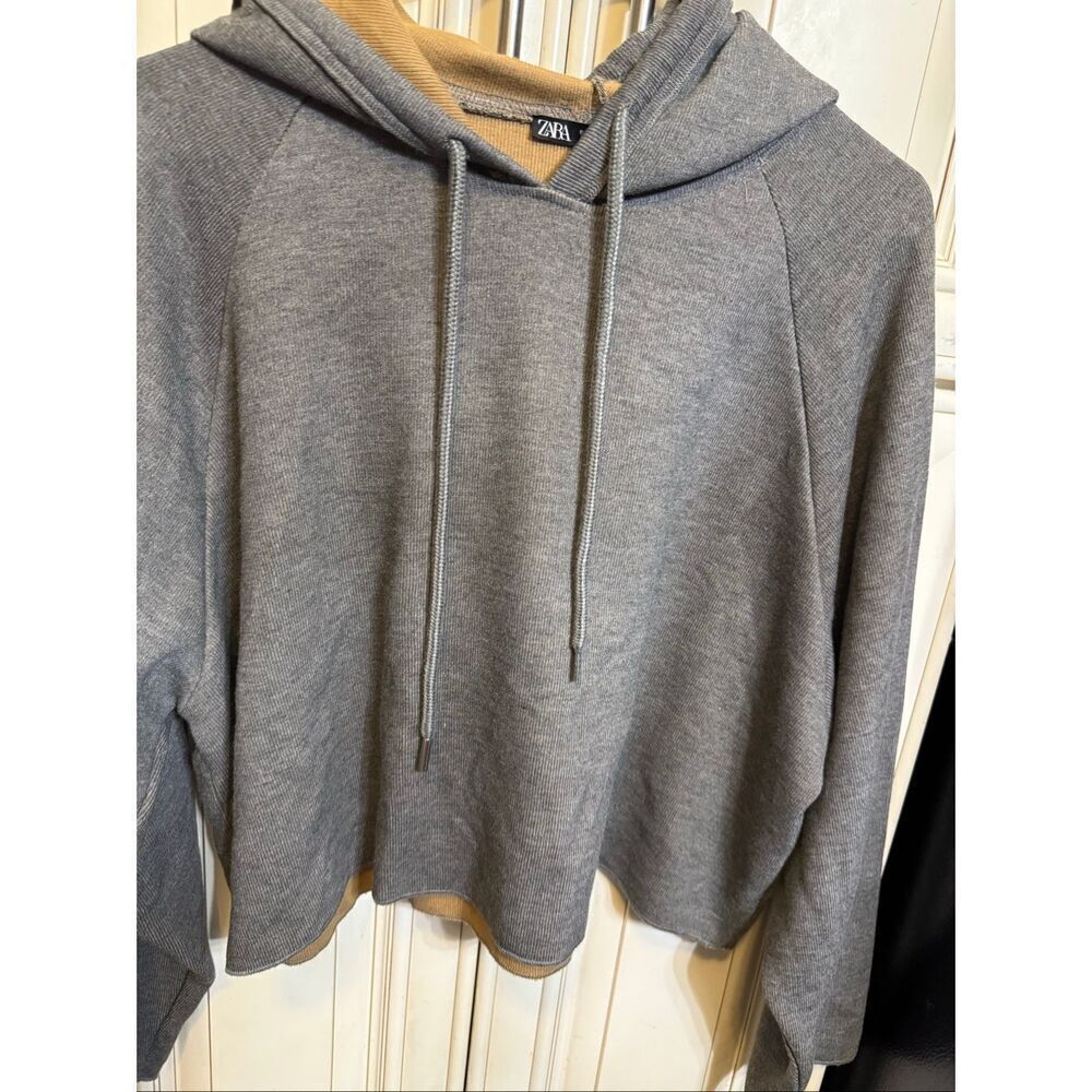 Zara Women's Raglan Sleeve Oversized Cropped Pullover Hoodie Gray Large